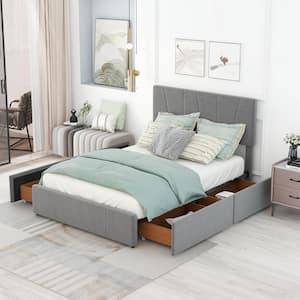 Gray Upholstery Wood Frame Full Size Platform Bed with 4 Drawers and Adjustable Headboard