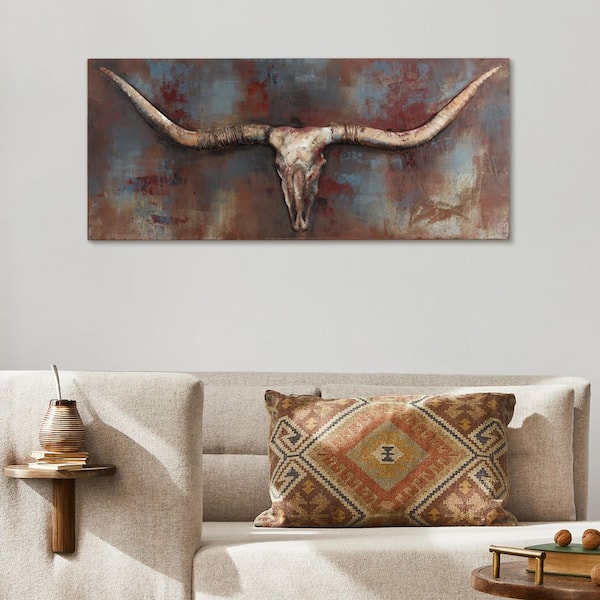 48 in. x 20 in. "Long Horn" Mixed Media Iron Hand Painted Dimensional Wall Art