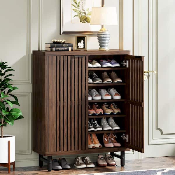 Lauren 43.31 in. H x 33.46 in. W Dark Walnut Wood Shoe Storage Cabinet with Adjustable Shelves and Metal Legs