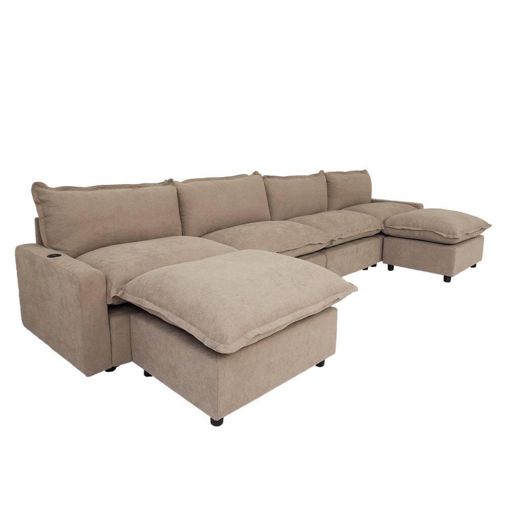 148.8 in. Square Arm 6-piece Linen Modular Free Combination sofa Sectional Sofa with Ottoman in Brown