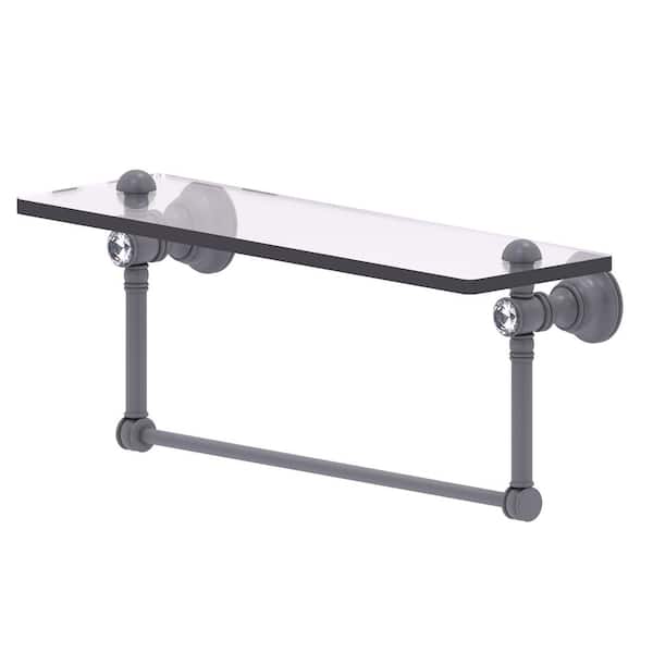 Allied Brass Carolina Crystal Collection 16 in. Glass Shelf with Integrated Towel Bar in Matte Gray