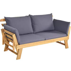 Wood Folding Outdoor Day Bed Patio Acacia Wood Convertible Couch Sofa Bed with Gray Cushions