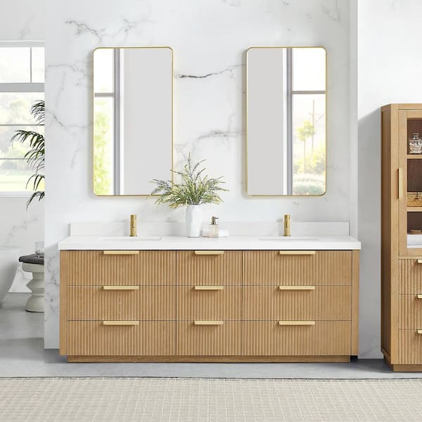 Santarem 84 in.W x 22 in.D x 34 in.H Double Sink Bath Vanity in Washed Ash Grey with Pure White Quartz Stone Top