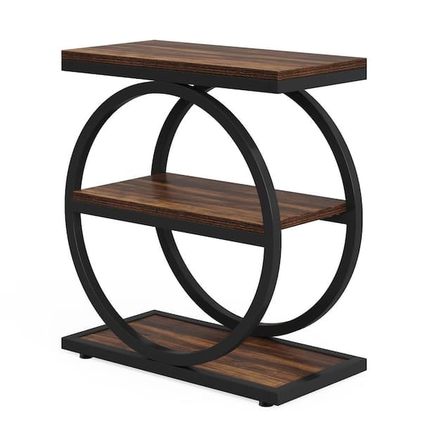 24 in. Dark Brown Rectangle Wood End Table with 3 Tiers Storage Shelves and Adjustable Foot Pads, Easy Assembly