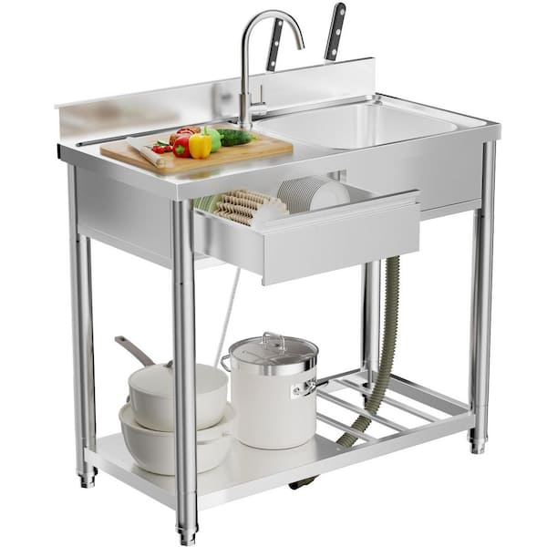 39.3 in. Freestanding Single Bowl 304 Stainless Steel Kitchen Utility Sink with Workbench, Storage Shelf, Drawer