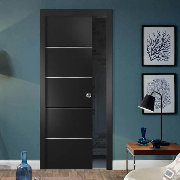 Planum 0020 18 in. x 96 in. Flush Black Finished Wood Sliding Door with Single Pocket Hardware