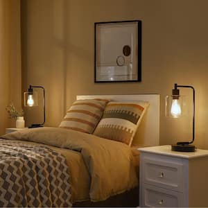 16.3 in. Black Metal Touch Control Table Lamp Set with Glass Shade and USB Ports (Set of 2)