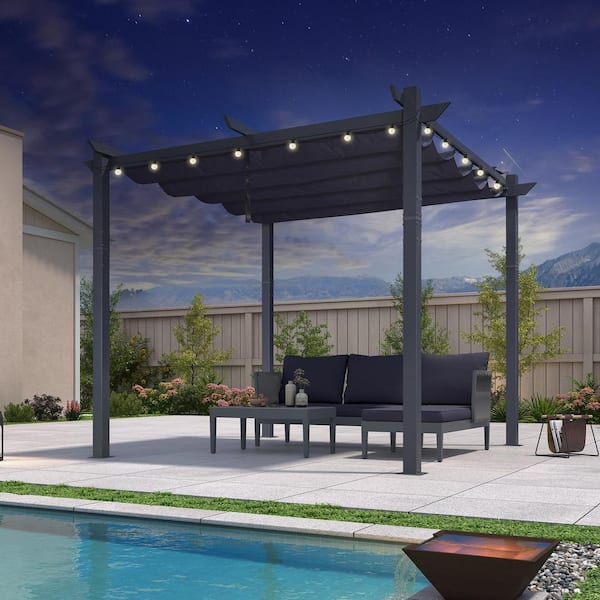 PURPLE LEAF 10 ft. x 10 ft. Dark Gray Aluminum Frame Pergola with Blue Retractable Sun Shade Canopy Extra Roof and String Lights