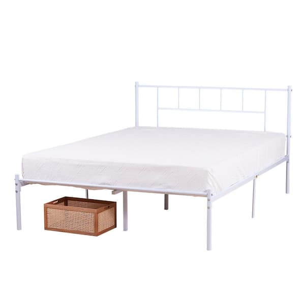 Full Bed Frame White Metal Frame with Headboard and Footboard Platform Bed with Storage No Box Spring Needed