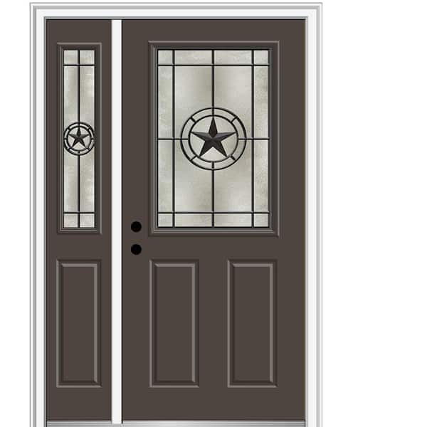 MMI Door Elegant Star 51 in. x 81.75 in. Inswing 1/2 Lite Decorative Glass Brown Painted Fiberglass Prehung Front Door