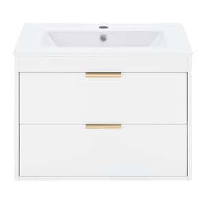 24 in. x 17.72 in. x 18.7 in. White MDF Ready to Assembly Wall Mounted Bath Vanity with White Sink with Drawers Storage