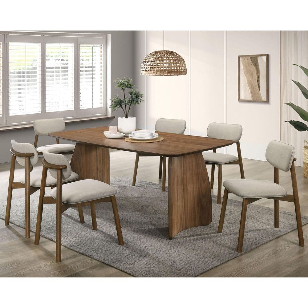 Wright 7-Piece Rectangle Walnut/Beige Wood Top Dining Room Set (Seats 6)
