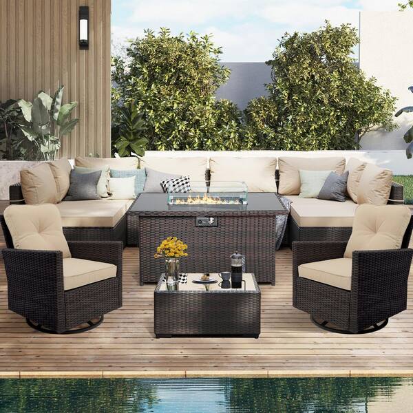 UPHA 10-Piece Brown Wicker Patio Fire Pit Conversation Set with Swivel ...