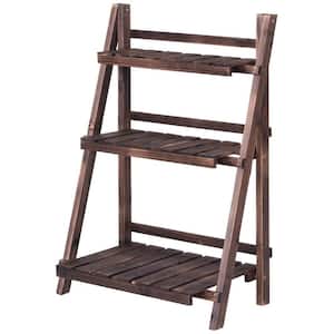 37 in. Tall Folding Indoor Outdoor Dark Brown Fir Wood Plant Stand (3-Tiered)