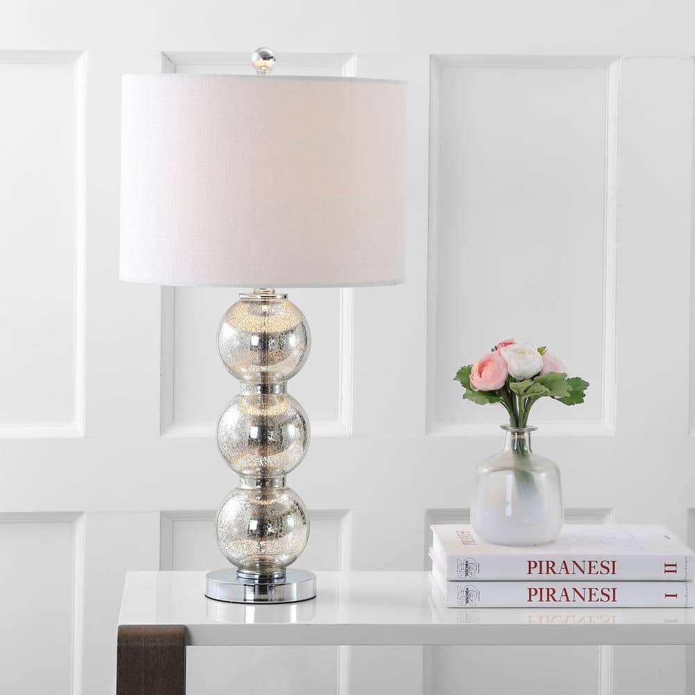 Mercury Silver Glass Triple-Sphere Table Lamp Set with Linen Shade