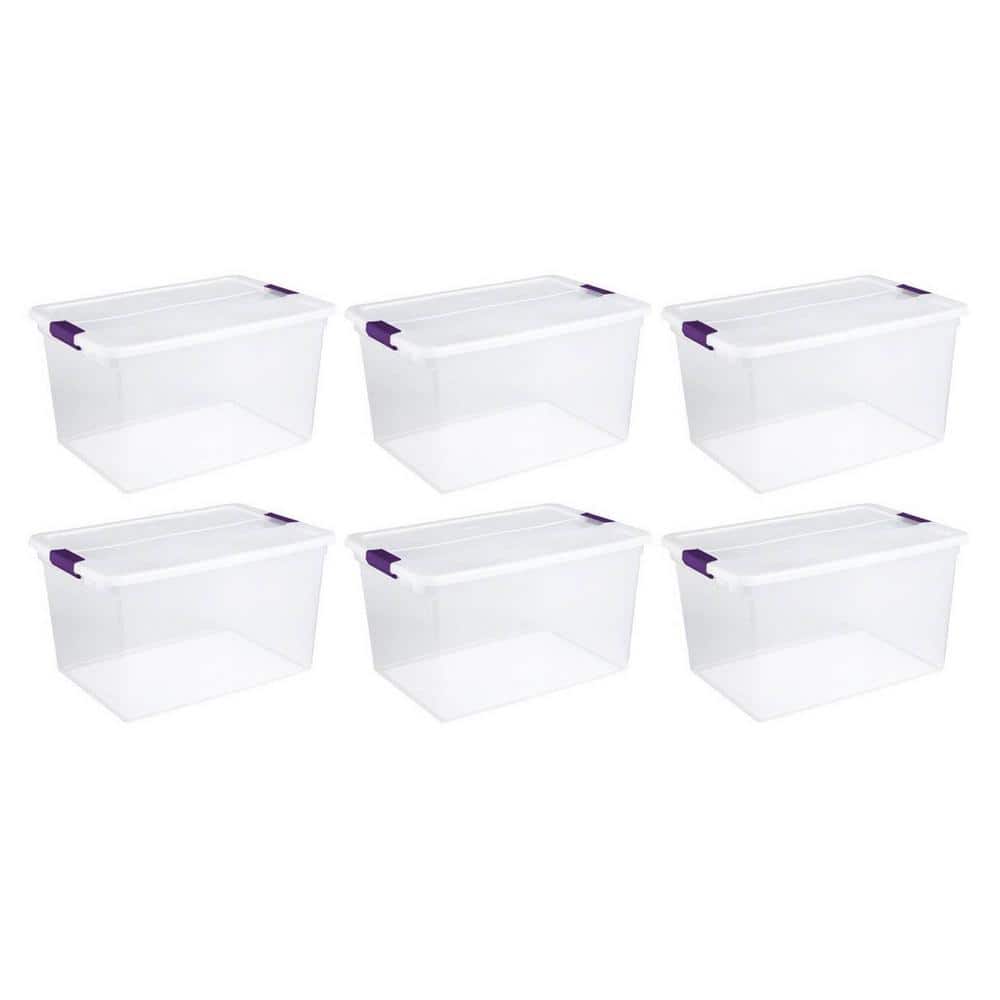 Clear Plastic Stackable Lidded Underbed Storage Boxes, 66 Quart, 6 Pack