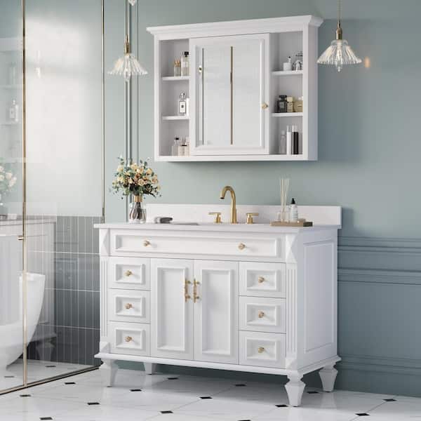 40 in. W x 30 in. H Rectangular Surface Mount Solid Wood White Medicine Cabinet with Mirror Left open