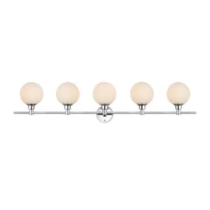 Simply Living 47 in. 5-Light Modern Chrome Vanity Light with Frosted White Round Shade