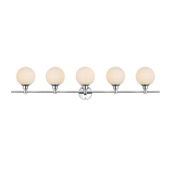 Unbranded Simply Living 47 in. 5-Light Modern Chrome Vanity Light with Frosted White Round Shade