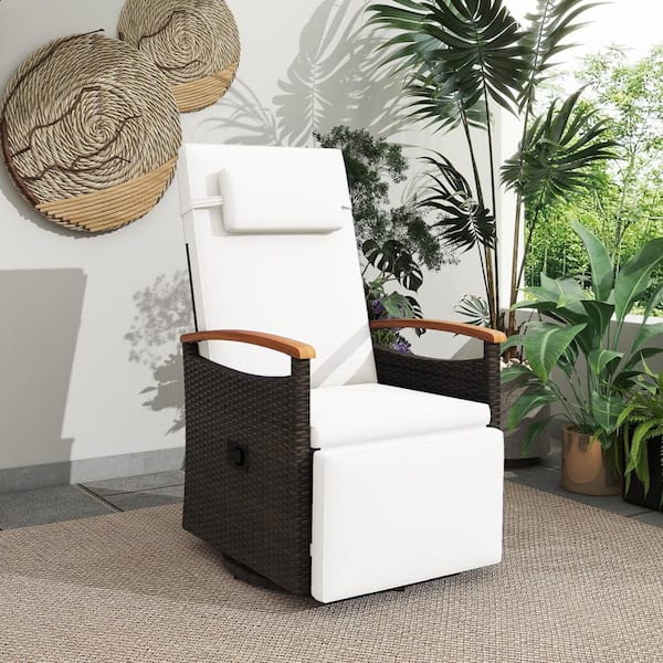 Outdoor 360° Swivel Rattan Recliner Chair Patio Wicker Chaise Lounge Chair White