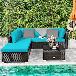 6-Piece Rattan Outdoor Patio Furniture Set with Turquoise Cushions