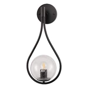 7.87 in. 1-Light Black Modern Globe Wall Sconce with Seeded Glass Shade for Living Room