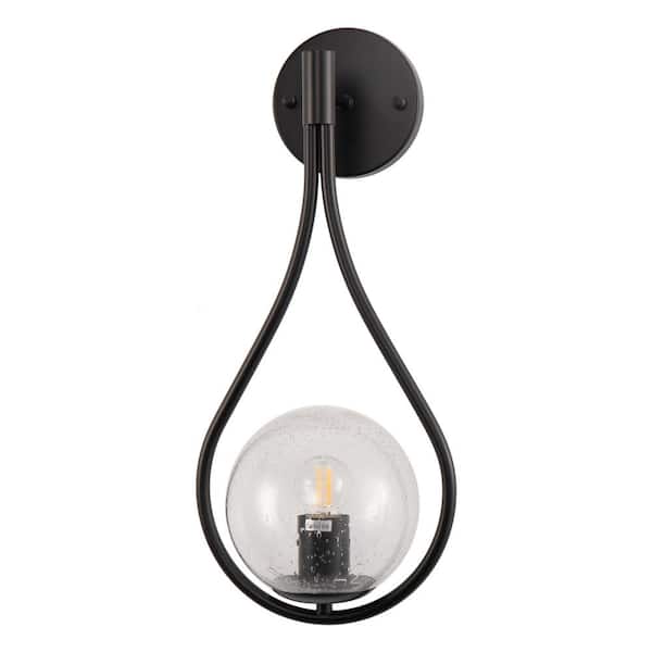 YANSUN 7.87 in. 1-Light Black Modern Globe Wall Sconce with Seeded Glass Shade for Living Room