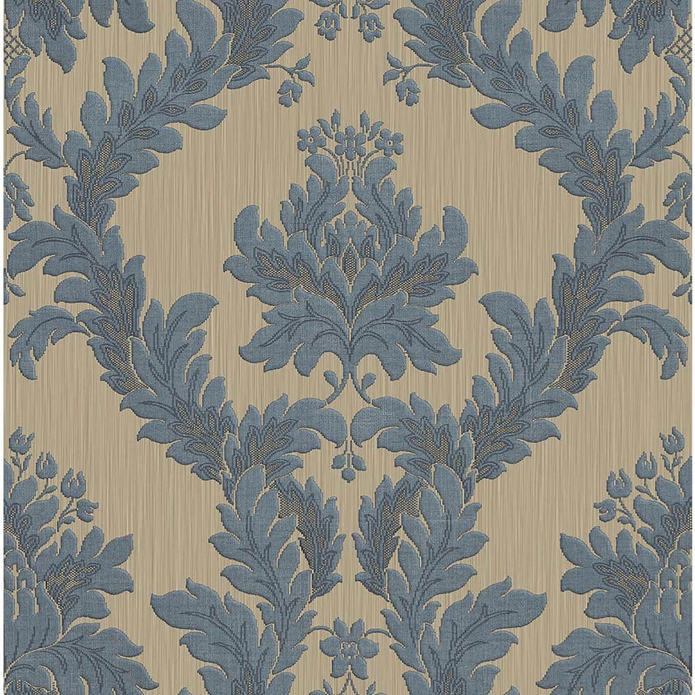 Ornamenta 2 Beige/Blue Classic Damask Design Non-Pasted Vinyl on Paper Mate