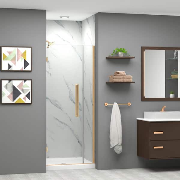 Transolid Elizabeth 30.5 in. W x 76 in. H Hinged Frameless Shower Door in Champagne Bronze with Clear Glass
