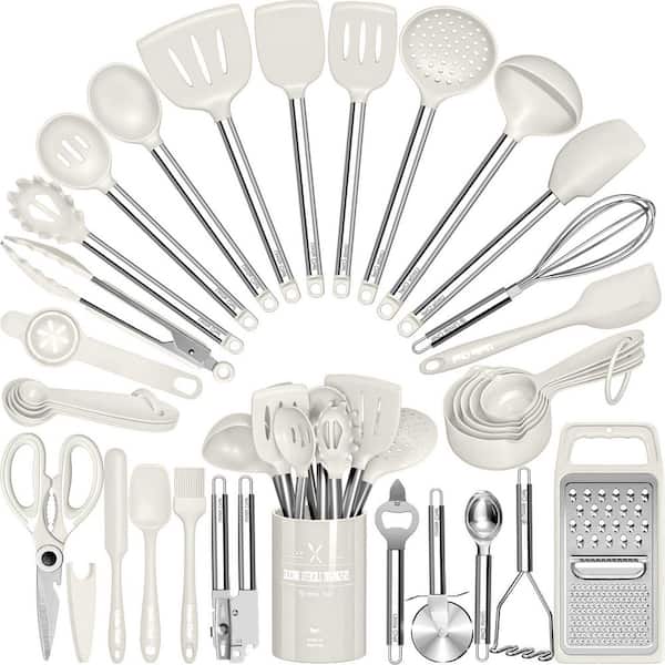 White 34-Piece Silicone Cooking Utensils Set with Stainless Steel Handle for Nonstick Cookware