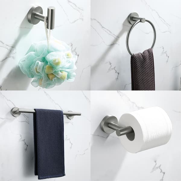 5-Piece Bath Hardware Set with Towel Bar Towel Hook Toilet Paper Holder and Towel Ring Set in Brushed Nickel
