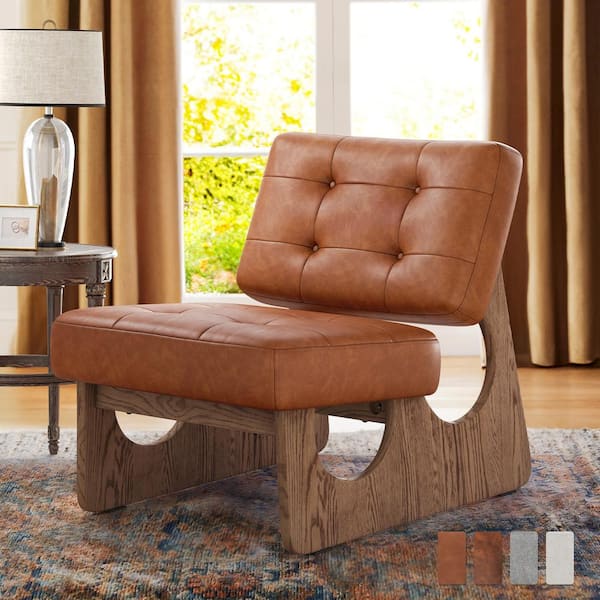 LUE BONA Red Oak Wood Frame Brown Modern Oversized Faux Leather Accent ...