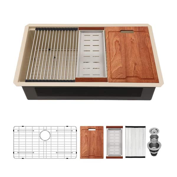 LORDEAR 33 in. x 19 in. x 10 in. Single Bowl Undermount 16-Gauge Stainless Steel Marble Coated Workstation Kitchen Sink