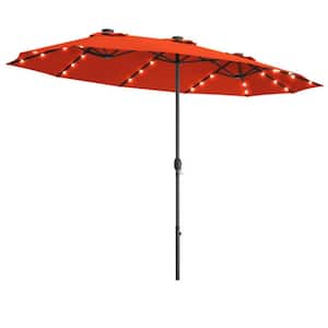 15 ft. Steel Market Solar LED Lighted Double-Sided Patio Umbrella in Orange with Crank