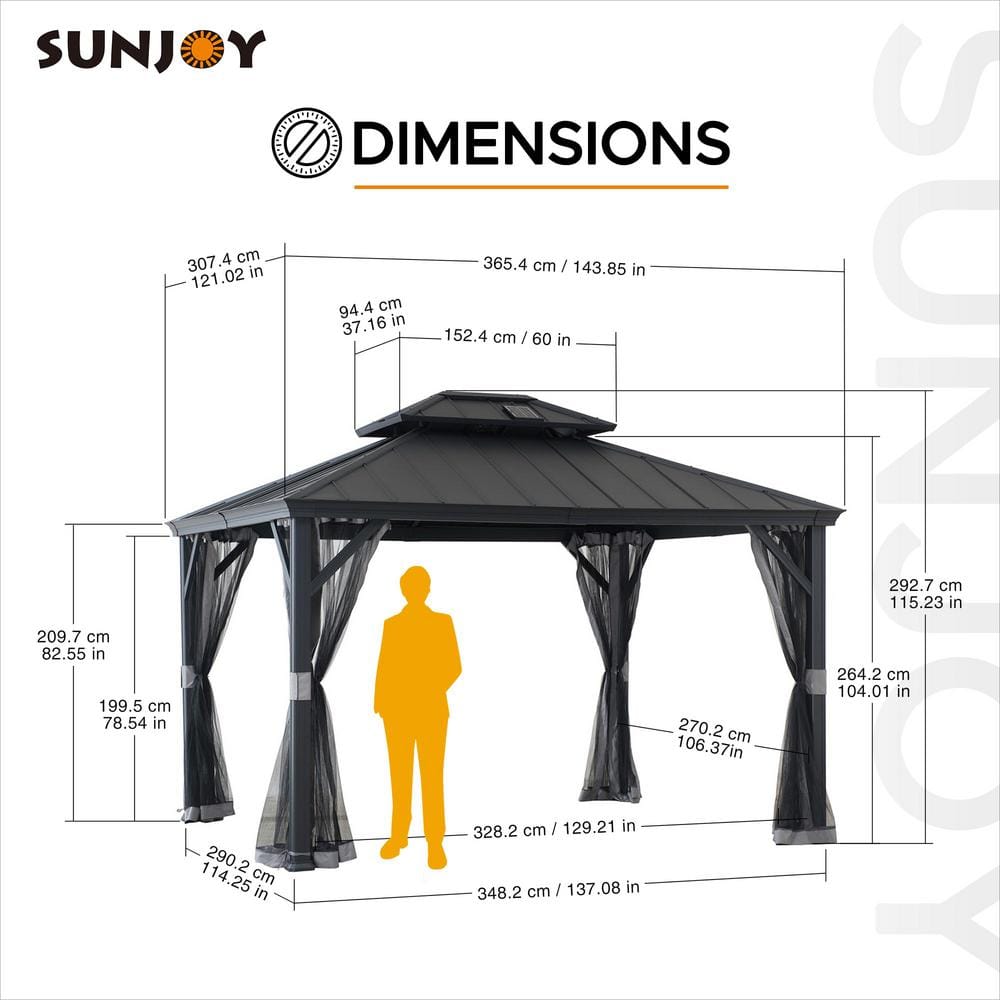 Black Aluminum and Steel 10x12 ft. Hardtop Gazebo with Solar Panel
