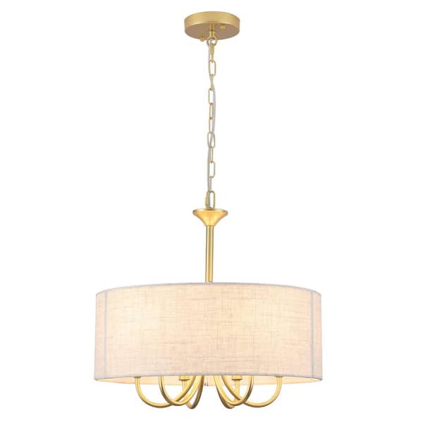 17.75 in. 6-Light Golden Pendant Design Drum Chandelier with Fabric Shade and No Bulbs Included For Dinning Room