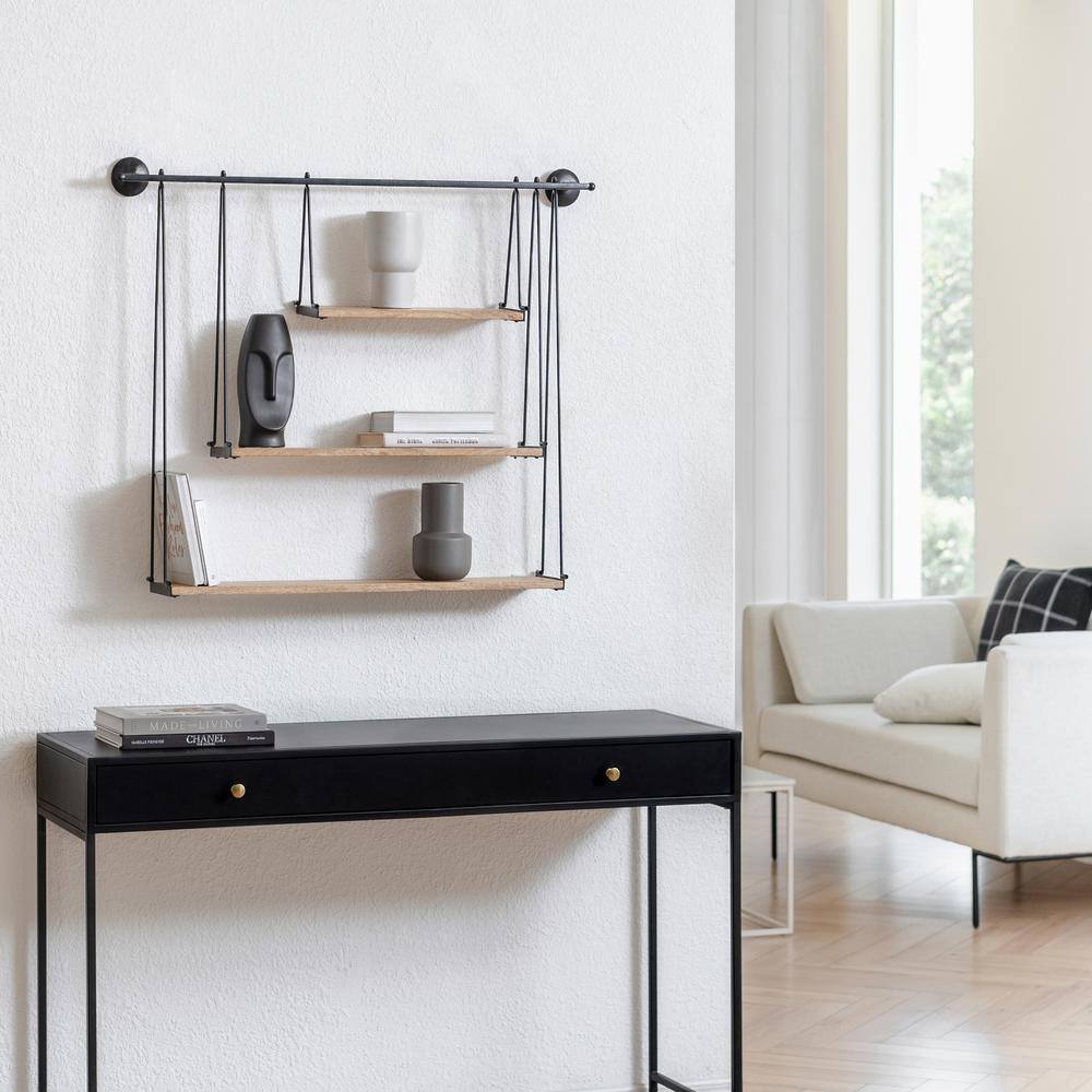 Sleek Scandinavian Black Iron & Wood 3-Tier Floating Shelf