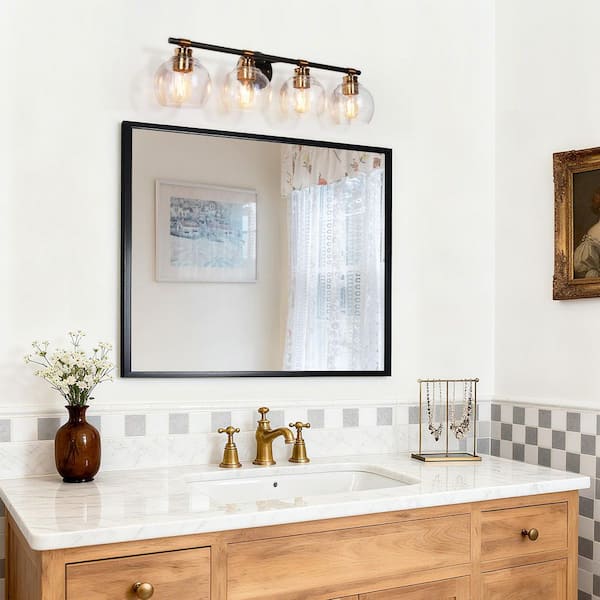 Zevni 30 in. 4-Light Brass Modern Bathroom Vanity Light, Globe