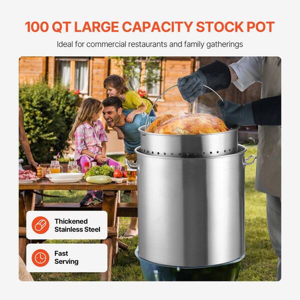 100 qt. Stainless Steel Stockpot, Heavy Duty Cookware with Basket, Lid & Handle, Commercial Grade