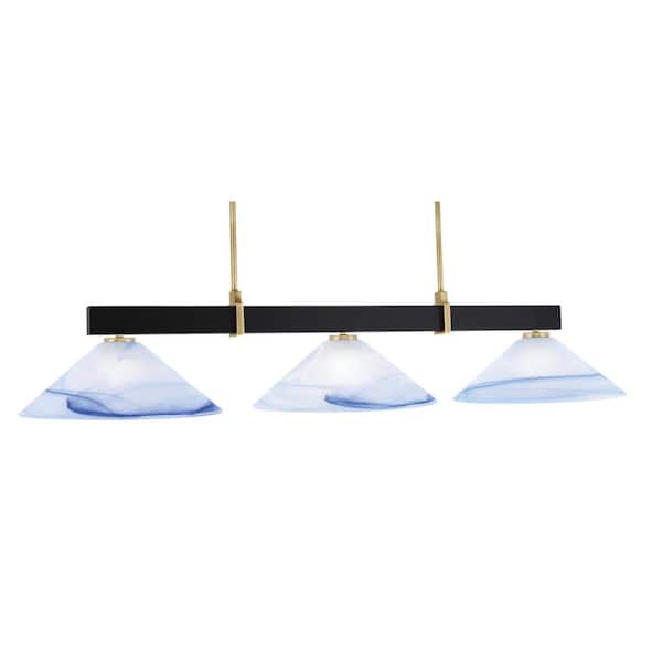 Balmore 3-Light Matte Black and New Age Brass Billiard Light with 16 in. Blue Swirl Glass Shades