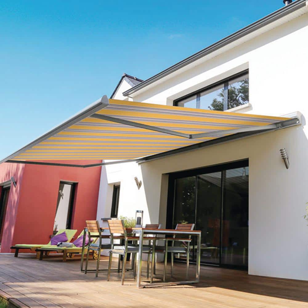Sunny Yellow Striped Electric Retractable Patio Awning, 10 ft x 8 ft