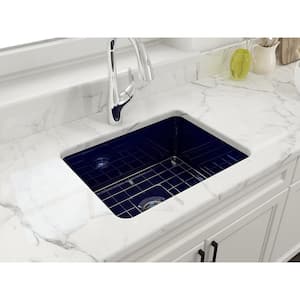 Sotto Sapphire Blue Fireclay 24 in. Single Bowl Undermount/Drop-In Kitchen Sink w/Protective Bottom Grid and Strainer