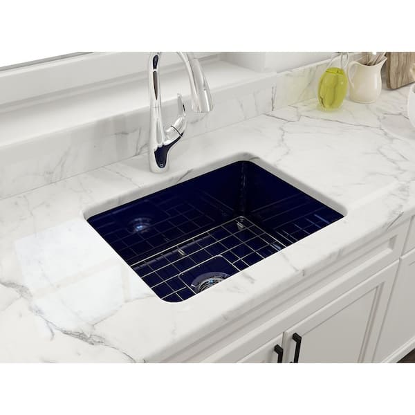 BOCCHI Sotto Sapphire Blue Fireclay 24 in. Single Bowl Undermount/Drop-In Kitchen Sink w/Protective Bottom Grid and Strainer