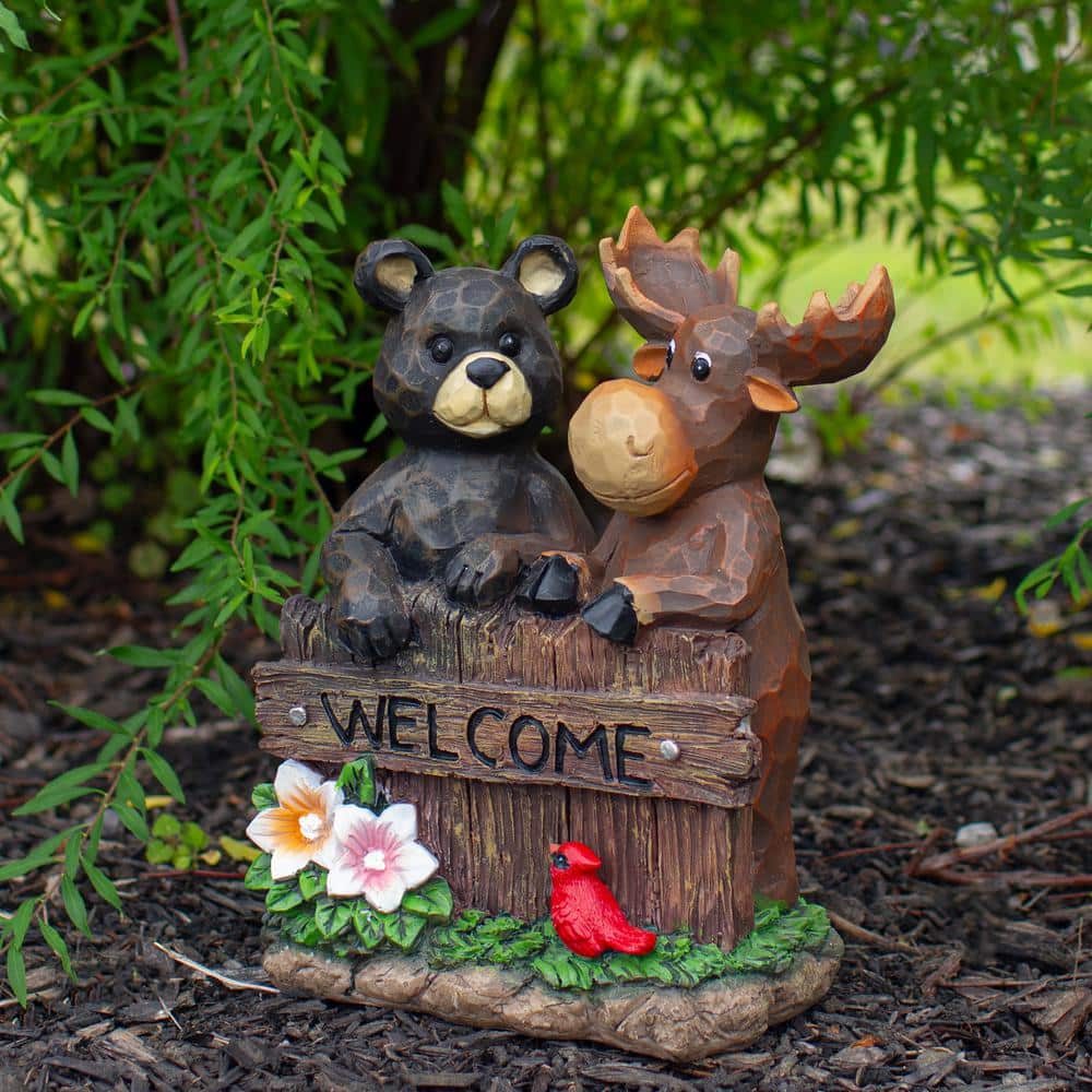 Black Bear and Moose Welcome Garden Statue with Cardinal