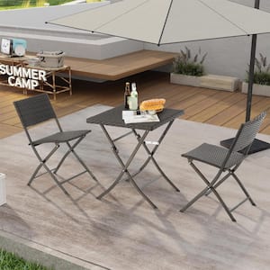 3 Piece Wicker Outdoor Bistro Set with Foldable Table and 2-Chairs, Brown