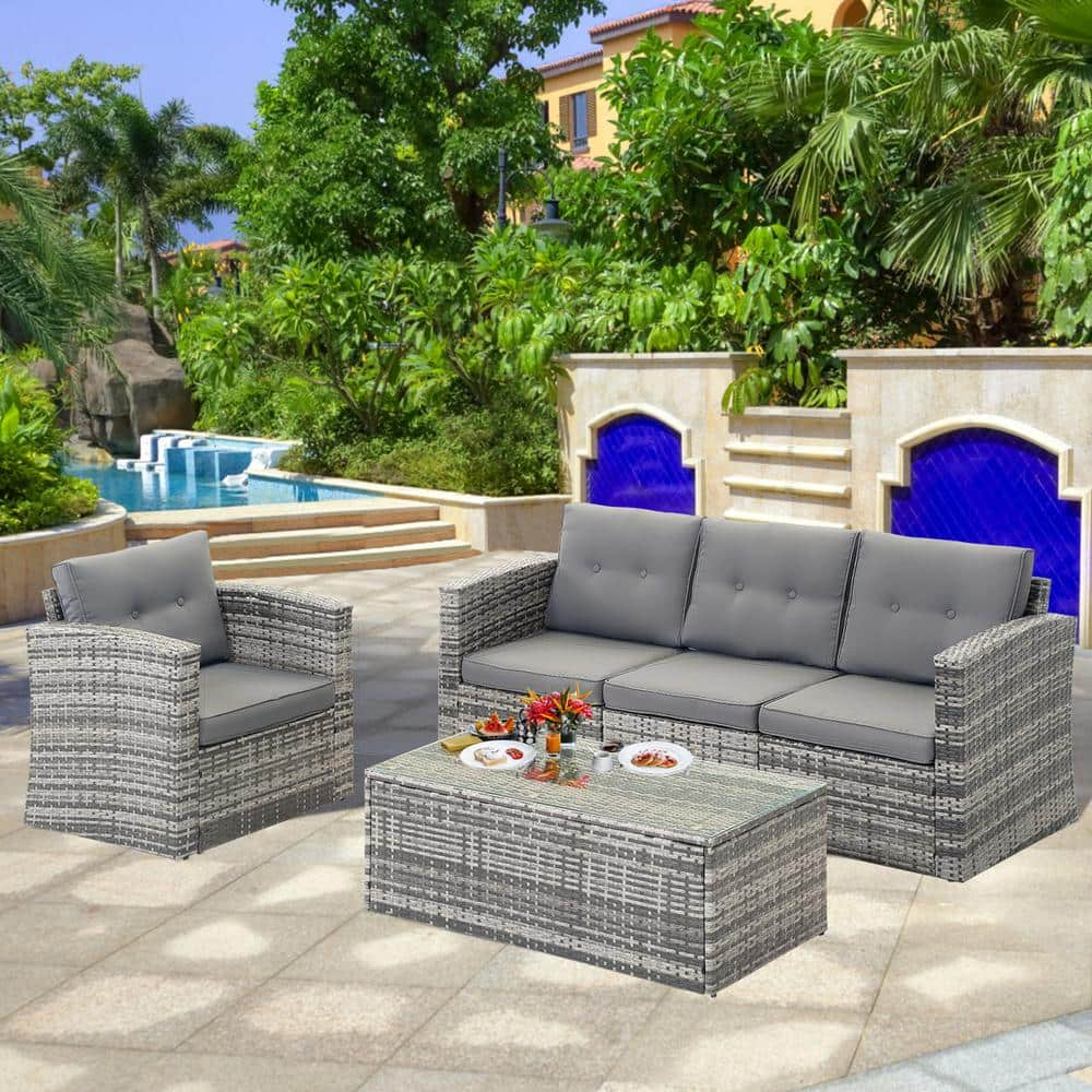 MIRAFIT 5-Piece Patio Rattan Furniture Set Sofa Chair Coffee Cushioned ...