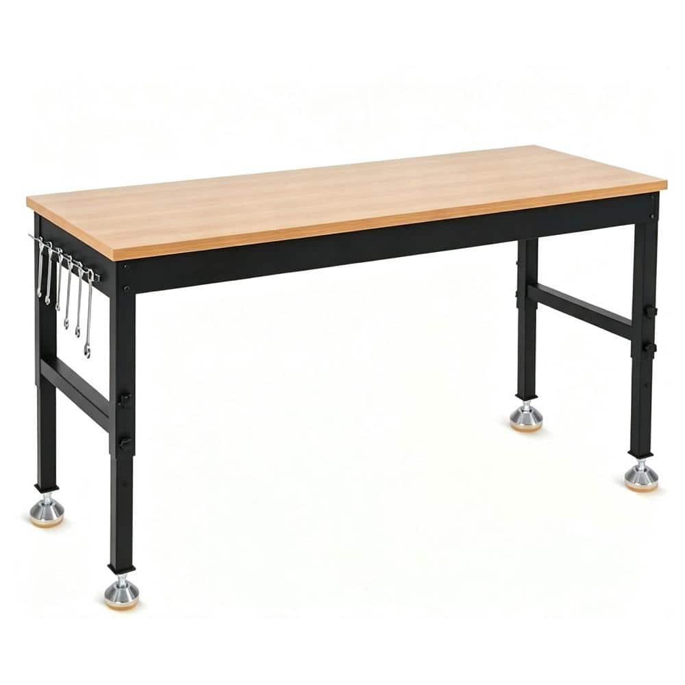 48" Adjustable Height Garage Workbench, 2000 lbs Heavy Duty Steel Work Table with Hardwood Top, Outlets for Workshop