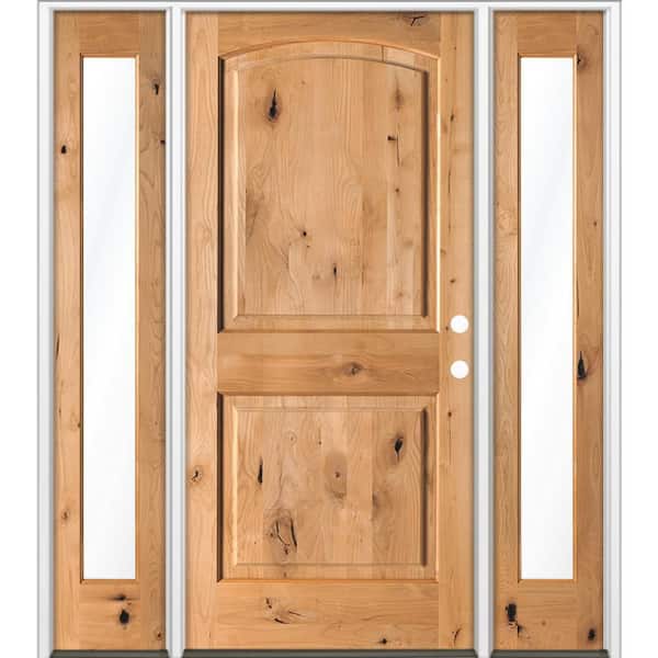 64 in. x 80 in. Knotty Alder 2 Panel Arch-Top Left-Hand/Inswing Clear Glass Cedar Stain Wood Prehung Front Door DFSL