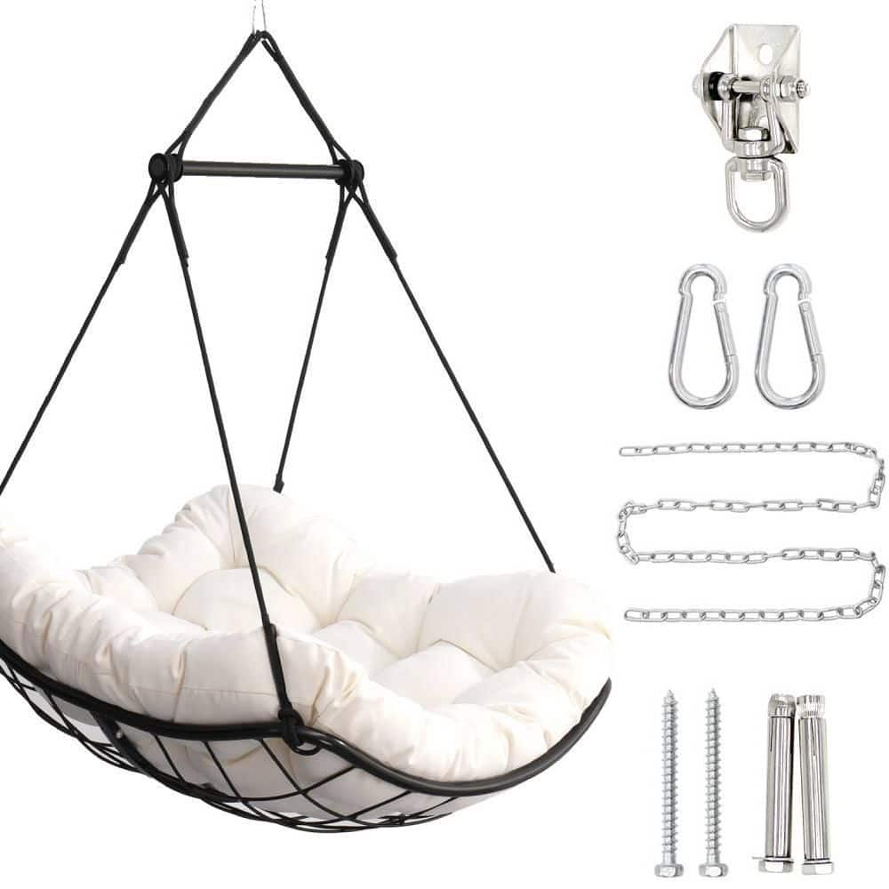 1-Person Aluminium Patio Hanging Hammock Chair Swing with White Cushion