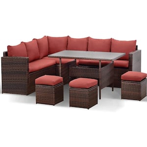 7-Piece PE Rattan Wicker Patio Dining Sectional Cusions Sofa Set in Red